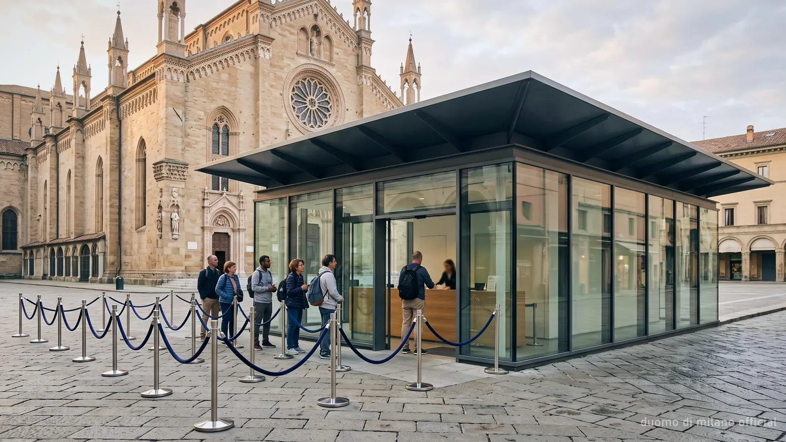 A glass ticket pavilion and queue barriers on a cathedral square at opening time
