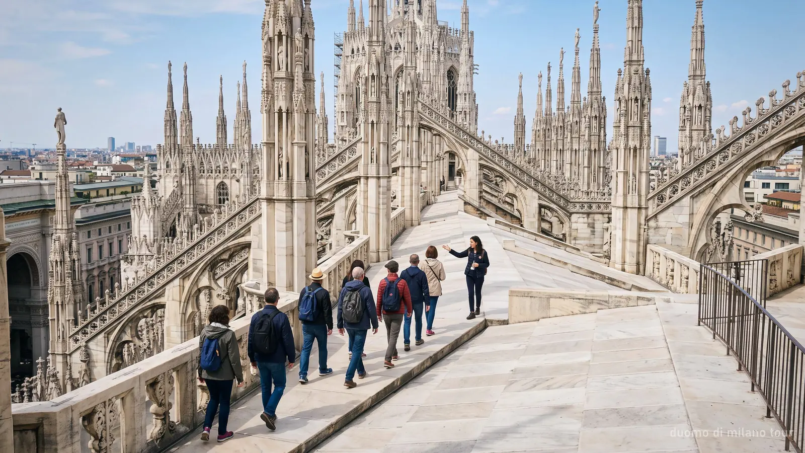 A guided group crossing the marble roof terraces of the Duomo di Milano between the Gothic spires