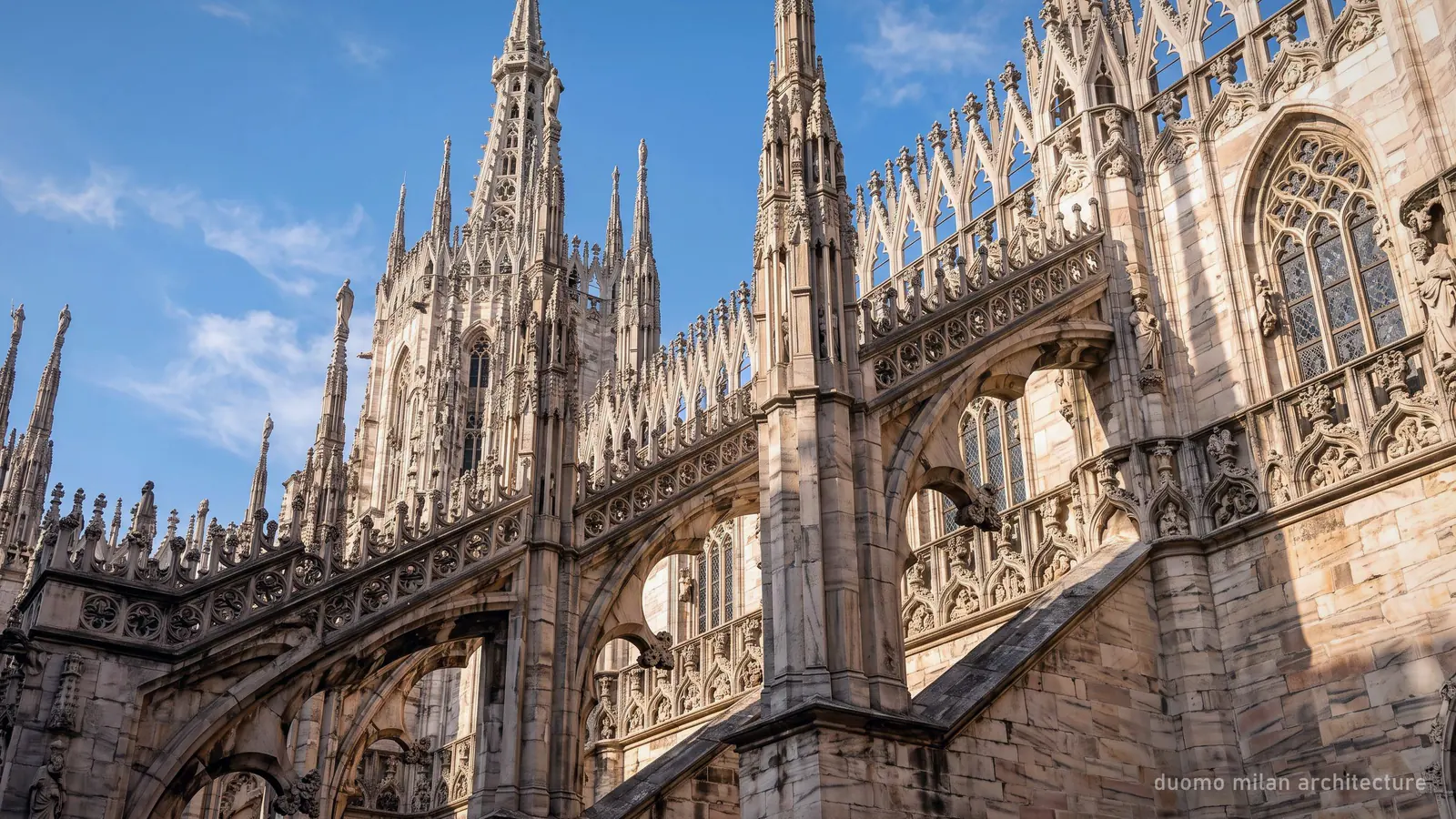 Duomo Milan architecture in close view: Gothic flying buttresses, pinnacles and carved tracery in Candoglia marble