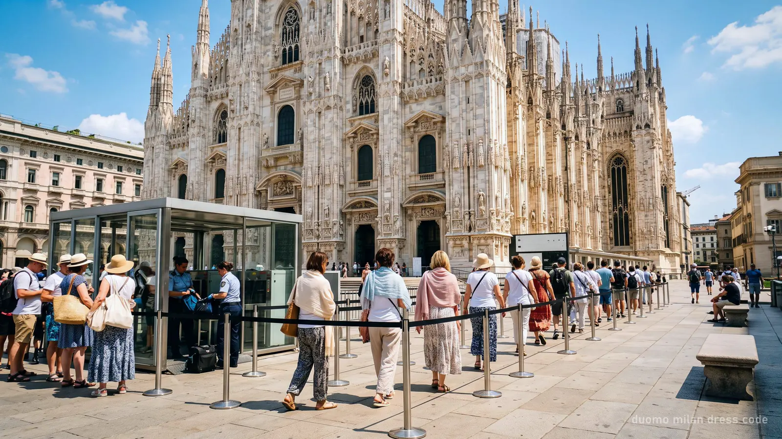 Visitors with shoulders covered waiting at the security check beside the Duomo Milan facade