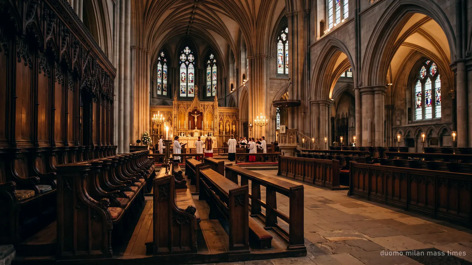 The nave of Milan Cathedral during a service, candlelight near the altar and empty carved pews in front