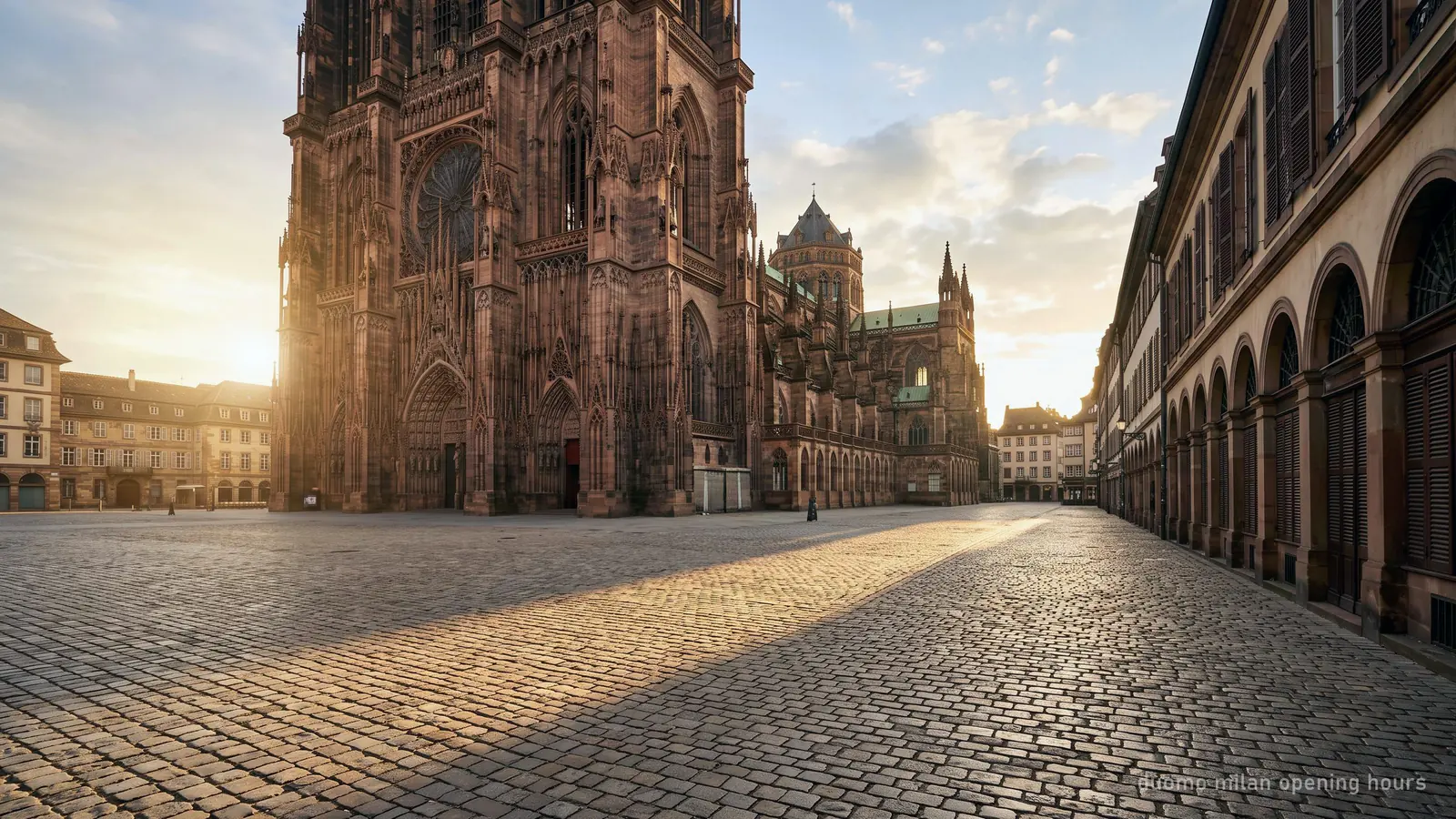 Piazza del Duomo in Milan in early morning before opening, low sun and long shadows across empty paving