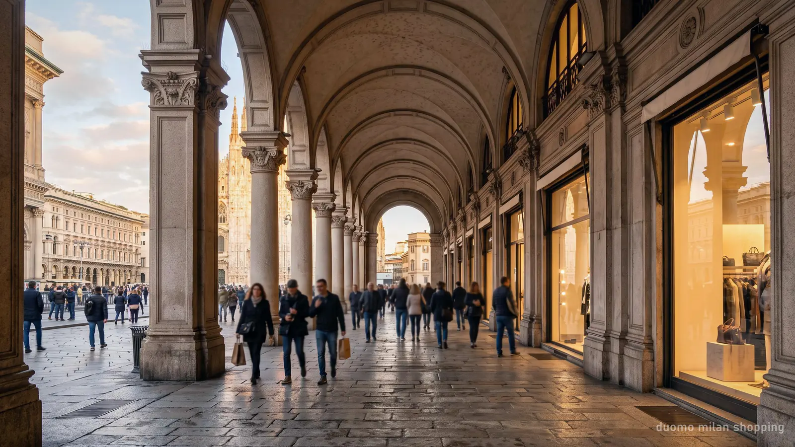A pedestrian shopping street under stone arcades near the Duomo in Milan, late afternoon