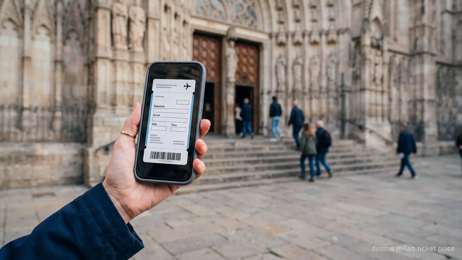 A visitor holding a phone with a mobile ticket at the stone entrance of Milan Cathedral
