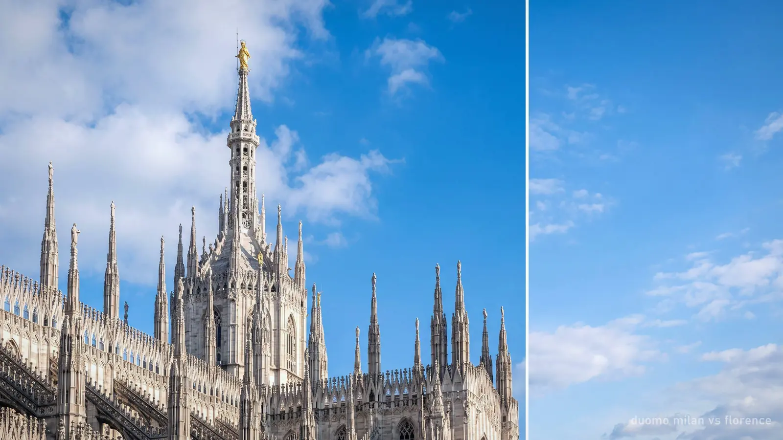 The white marble spires of Milan Cathedral in silhouette against a clear sky