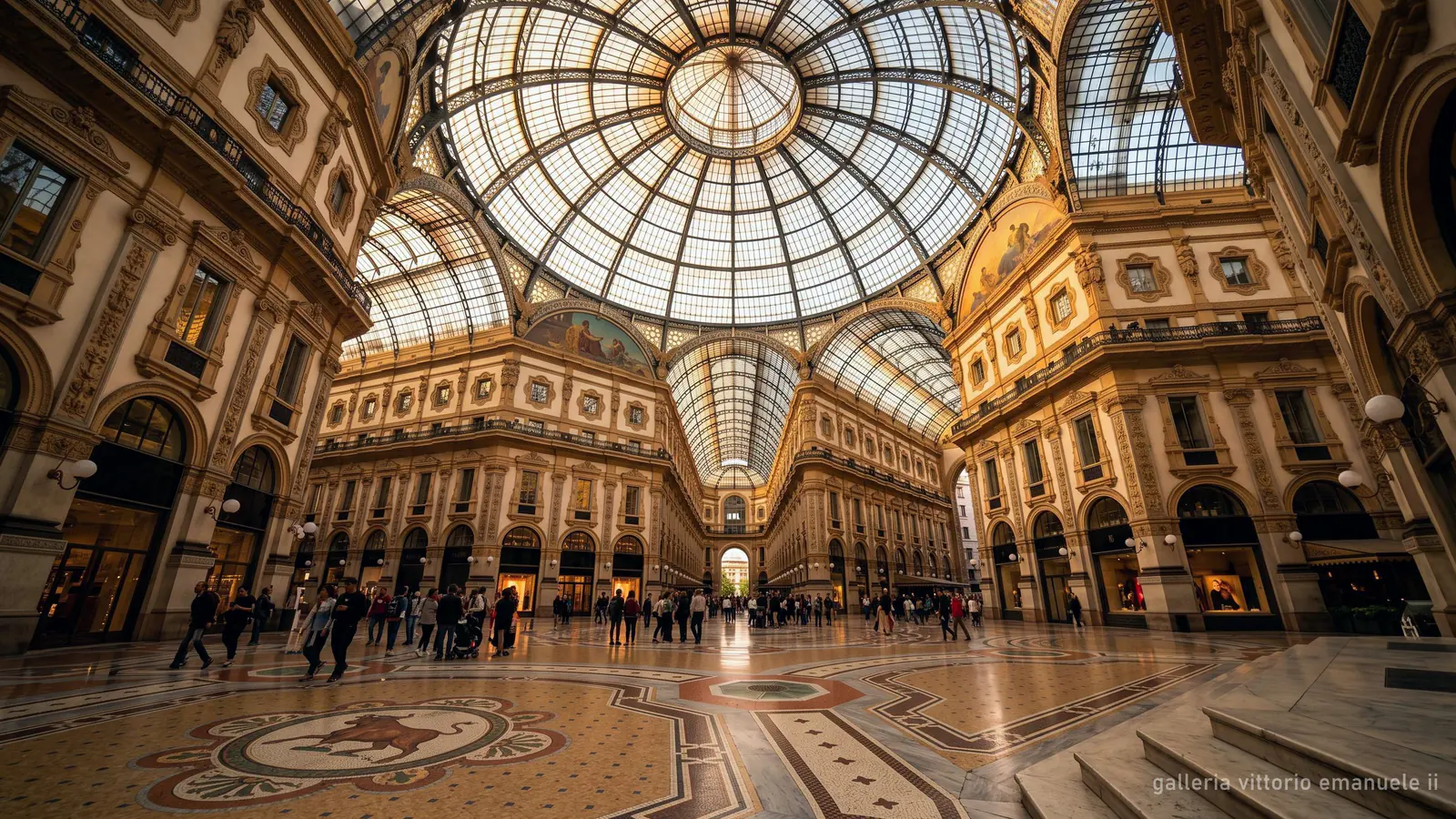 Galleria Vittorio Emanuele II in Milan: the iron and glass dome above the central octagon, seen from the mosaic floor