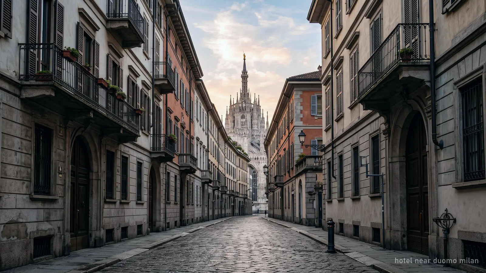 A quiet Milanese street of 19th-century apartment buildings near the Duomo at dawn