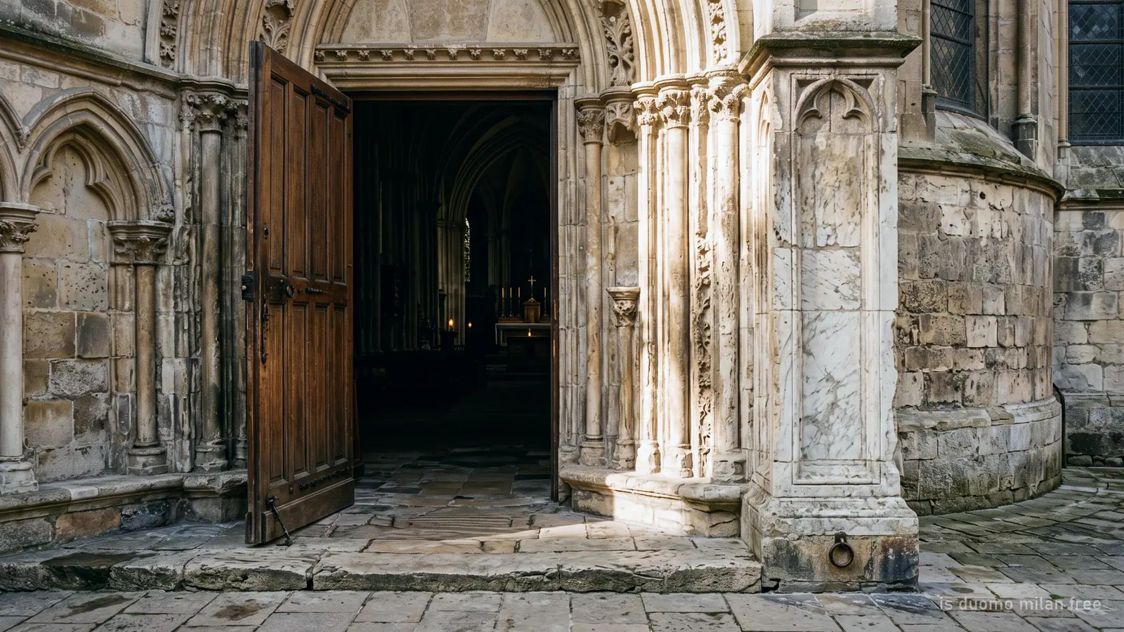 A side door of Milan Cathedral standing open onto the dim interior, the free entrance used by worshippers