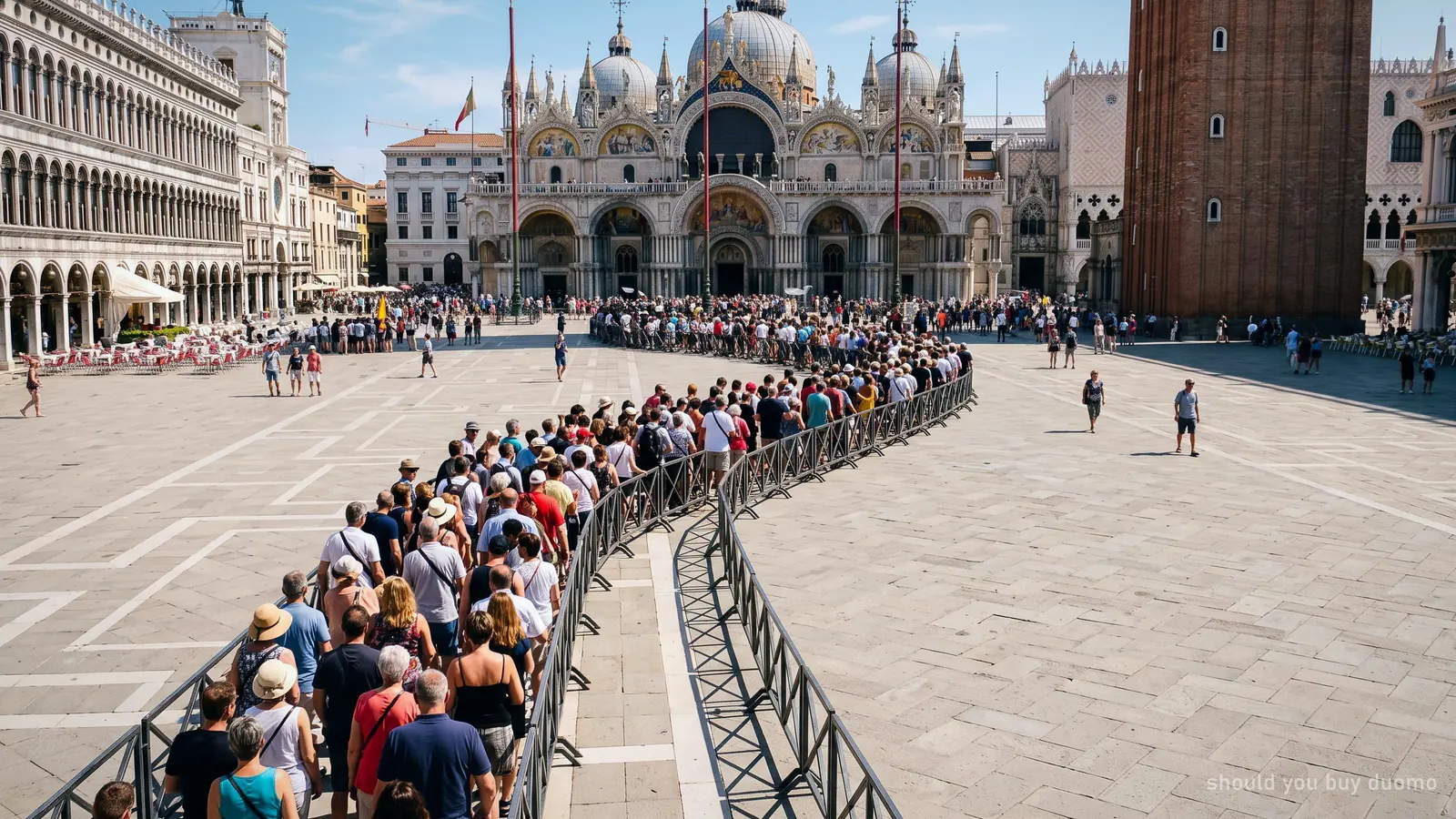 A long queue of visitors curving across the cathedral square in Milan, seen from above
